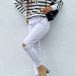 Women’s Crew Neck Button Raglan Sleeves Striped Sweater