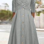 Solid Color Long Sleeve V Neck Cross Button Casual Dress