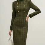 High Waisted Long Sleeves Buttoned Solid Color Split-Joint Zipper Mock Neck Midi Dresses
