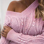 Sexy Twist V-neck Beads Long-sleeved Knit Sweater