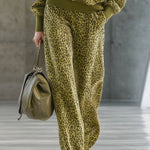 High-end Fashionable Leopard Print Velvet Faux Fur Collar Sweatshirt Wide-leg Pants Suit