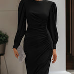 Ruched Waist Puff Sleeve Midi Dress