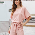 Short Sleeve Jumpsuit Crewneck Self Tie Loose Comfy Elegant Shorts Romper