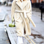 Women Warm Thick Coat With Belt Fax Fur  Long Coat