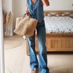 Sleeveless Denim Vest V Neck Button Down Waistcoat Jacket
