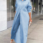 Nadorine Women's Button Down Maxi Shirts Dress Long Sleeve Collared V Neck Kaftan Loose Long Dress Coat
