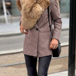Burgundy checked double-breasted jacket with black double buttons