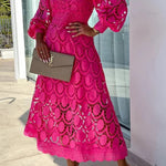 Romantic, Sensual and Elegant Crochet Lace Lantern Sleeve Party Midi Dress
