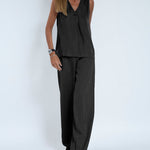Nadorine Chic Two Pieces Set Casual Sleeveless V-Neck Vest Top with Wide-Leg Pants