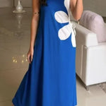 Solid Color Round Neck Floral Maxi Dress
