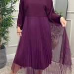 Fenna Ribbed Sequin Trim Batwing Sleeve Sweater and Pleated Tulle Stretch Tank Midi Dress Two-piece Set