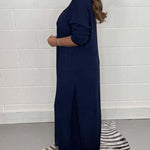 Nadorine Casual Two Pieces Suit V-Neck Long Sleeve Slit Hem Shirt Tops Wide-Leg Pants Sets