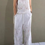 Linen Blend Solid Color Hollow Loose Vest and Elastic Waist Casual Pocket Wide Leg Pants Set