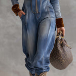 Vintage Casual Western Hooded V-neck Zipper Velvet Stitching Blue Denim Jumpsuit