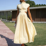 Stand Collar Solid Color Hollow Waist Long Dress