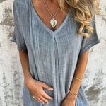 Bayside Bliss Linen Blend Short Sleeve Pleated Loose Midi Dress