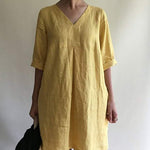Nadorine Women's Casual Loose Short Sleeve V-Neck Cotton Linen Dress