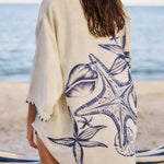 Linen Blend Starfish Print Collared Loose-fitting Shirt and Elastic Waist Casual Pocket Shorts Set