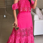 Valia Crochet Cutout Lace Off Shoulder Top and Elastic Waist A-line Maxi Skirt Set