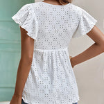 Nadorine Eyelet Tie-Neck Flutter-Sleeve Top Solid Color Casual Blouse for Women Casual Work Office Loose Fit 2026 | Under $40