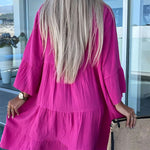 Rose Crinkled Tiered Split Neck Shirt Dress