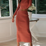 Solid Color Two Piece Set Women Sweater & Comfortable Slim Split Skirt