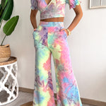 Floral Print V Neck Short Sleeves Crop Top Elastic Waist Wide Leg Pants Set