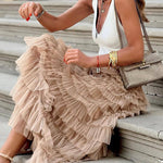 Nadorine Women's A-Line Patchwork Mesh Cake Skirt Casual Solid Color High Waist Loose Ruffled Pleated Long Tulle Skirt