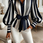 Elasticated Waist High Waisted Belted Bow-Embellished Buttoned Contrast Color Split-Joint Striped Lapel Blouses&Shirts Tops