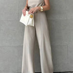 Fashionable One-shoulder Ruffled Top and Casual Simple Straight-leg Suit Pants Set
