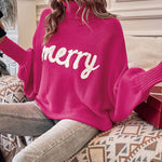 Merry Letter Embroidered High Neck Sweater