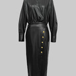 Long Sleeves Puff Sleeves Buttoned Pleated Solid Color V-Neck Midi Dresses