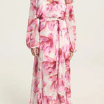 Island Girl Floral Print V-neck Long Sleeve Tie Slit Holiday Maxi Dress