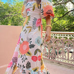 Looking for Sunshine Floral Print Square Neck Bubble Sleeve Maxi Dress