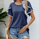 Pom-Pom Trim Flutter Sleeve Round Neck Tee Casual Blouses Tops