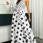 Long Sleeves Loose Contrast Color Polka-Dot Tied Waist One-Shoulder Maxi Dresses