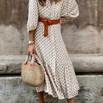 Summer retro corner print v-neck cropped puff sleeve dress