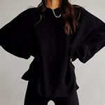 Lantern Sleeve Mock Neck Pullover with Ribbed Cinch Hem Batwing Sweater