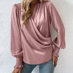 Nadorine Elegant V-neck Lantern Sleeve Blouse Temperament Solid Color Shirt for Women Casual Work Office Loose Fit 2026 | Under $40