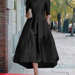 A-Line Loose Pleated Pockets Solid Color Split-Joint Round-Neck Midi Dresses