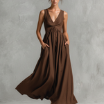 Women's Vintage Brown Cotton And Linen V-neck Sleeveless Pleated Midi Dress