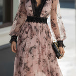Lace-Trimmed Floral Pleated Midi Dress
