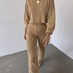 Women's Knitted Two Pieces Sets Turtleneck Cropped Sweater with High-waisted Flared Pants
