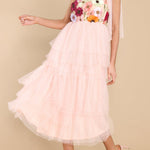 Midnight Garden Embroidered Floral Applique One Shoulder Tiered Tulle Midi Dress