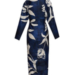 Unique Print Dolman Long Sleeve Ruched Slit Midi Dress
