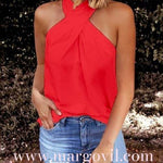 Margovil Criss Cross Halter Solid Sleeveless Top