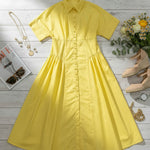 Loose Short Sleeves Buttoned Pleated Solid Color Lapel Collar Midi Dresses Shirt Dress