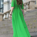 Half Sleeves High Waisted Solid Color Tied Waist V-Neck Maxi Dresses