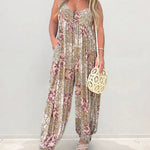 V Neck Street Daily Retro Printed Loose Fit Sleeveless Jumpsuits
