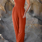 Fashion casual collarless straight wide leg open back cross strap jumpsuit